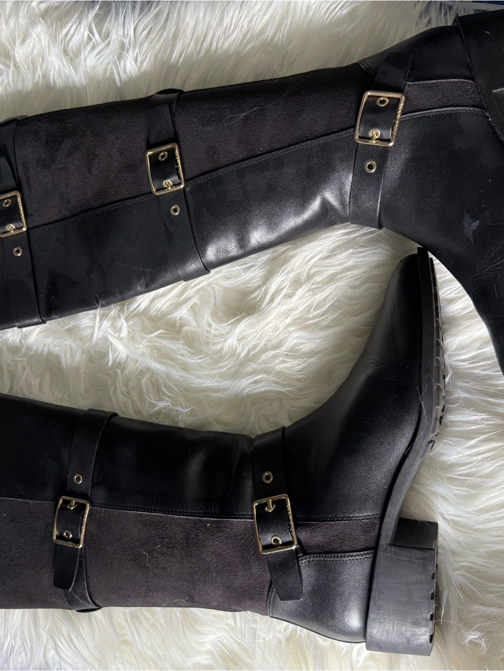Cole Haan Black Leather and Suede Buckle Riding Boots